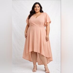 Plus Size Peach High Low Chiffon Dress 2XL Flutter Sleeve Wedding Guest Formal